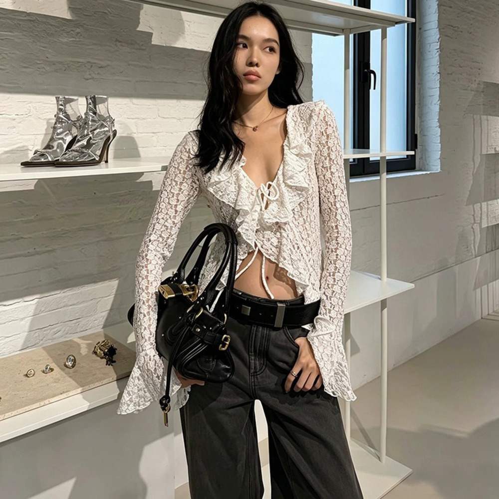 Zara Summer Ruffle Collar Lace Long Sleeve Tie Drawstring Top